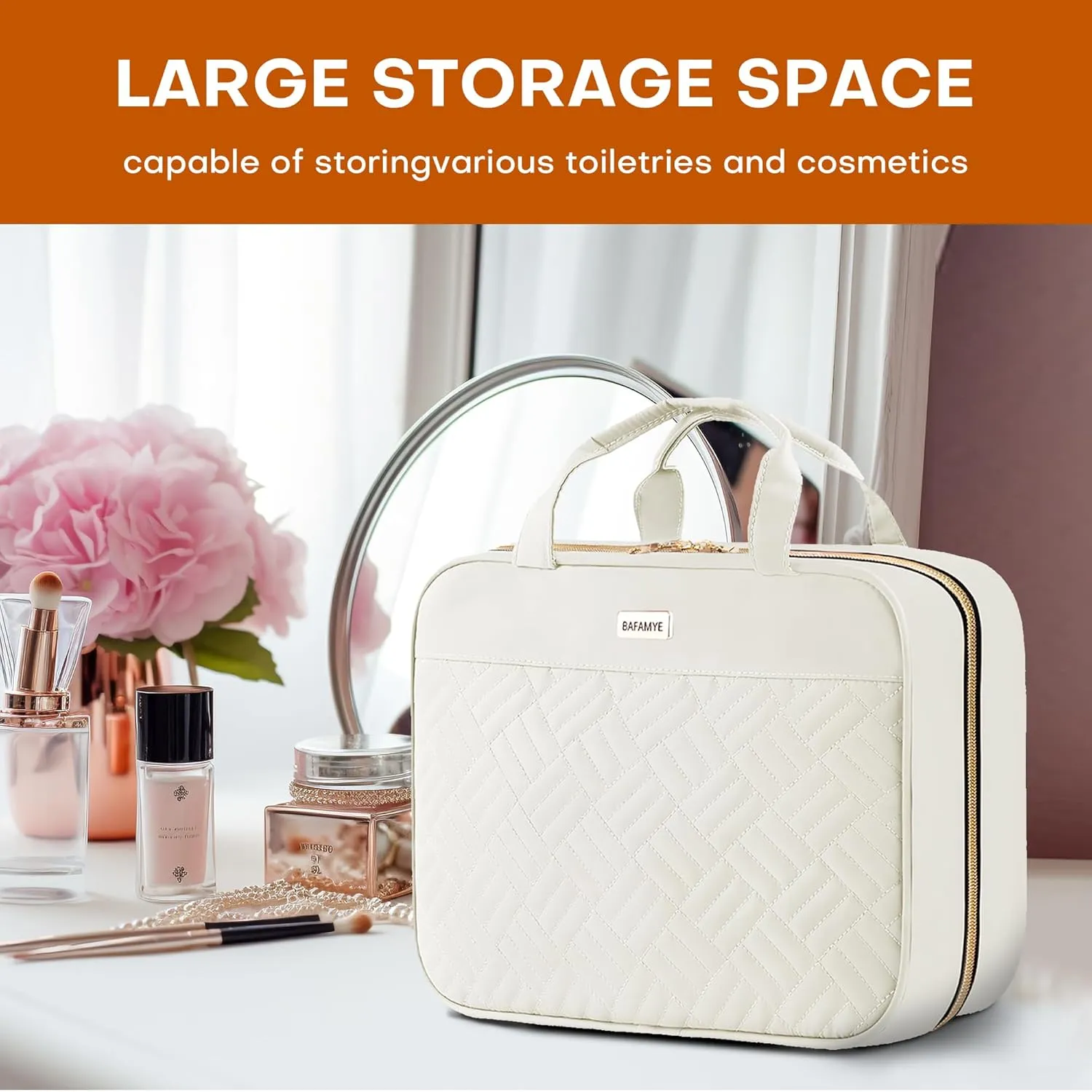 8L Travel Toiletry Bag for women - 2.1 GAL Water-resistant Makeup Cosmetic Bag Organizer With Hanging Hook for Travel Accessories Shampoo Full-size Container, Beige