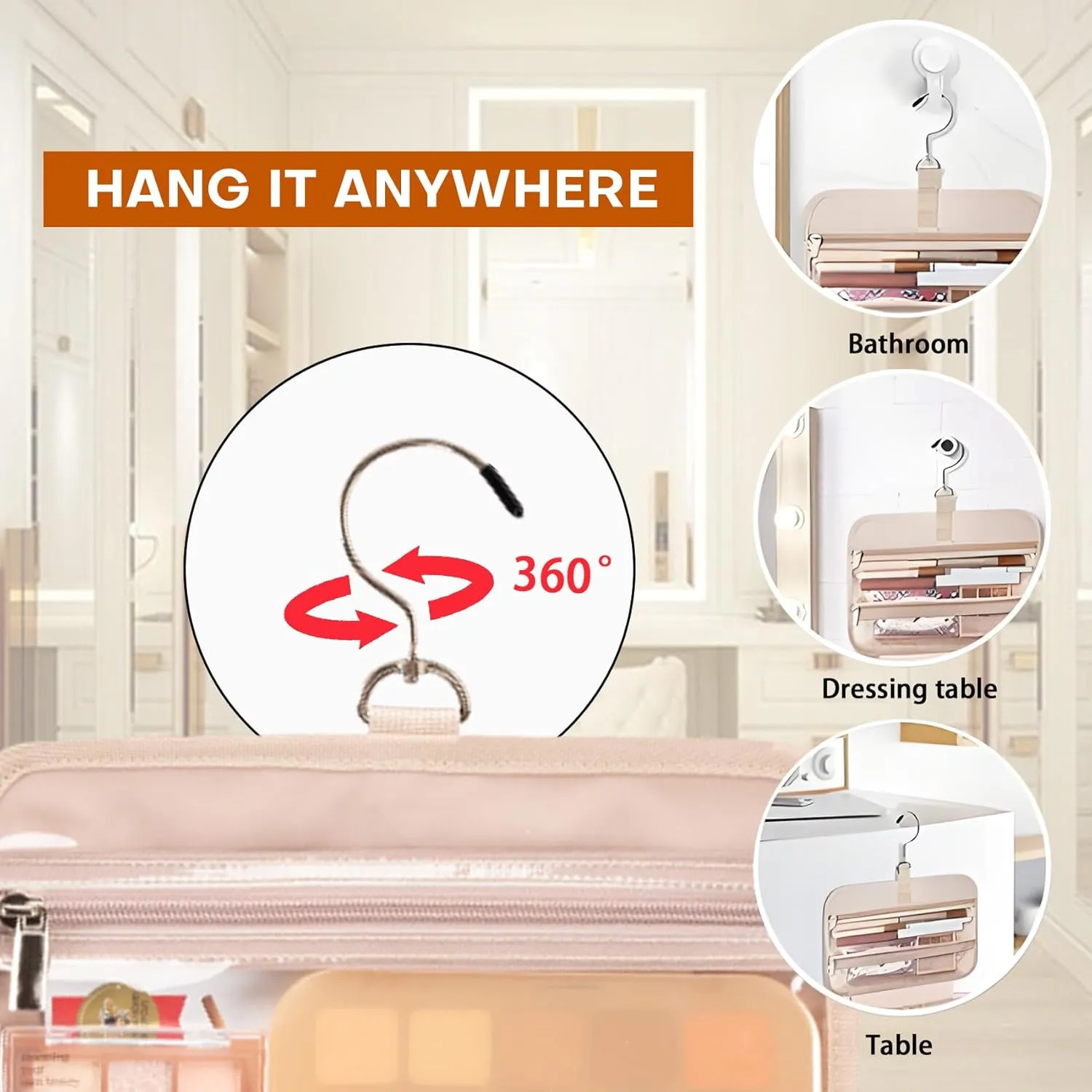 8L Travel Toiletry Bag for women - 2.1 GAL Water-resistant Makeup Cosmetic Bag Organizer With Hanging Hook for Travel Accessories Shampoo Full-size Container, Beige