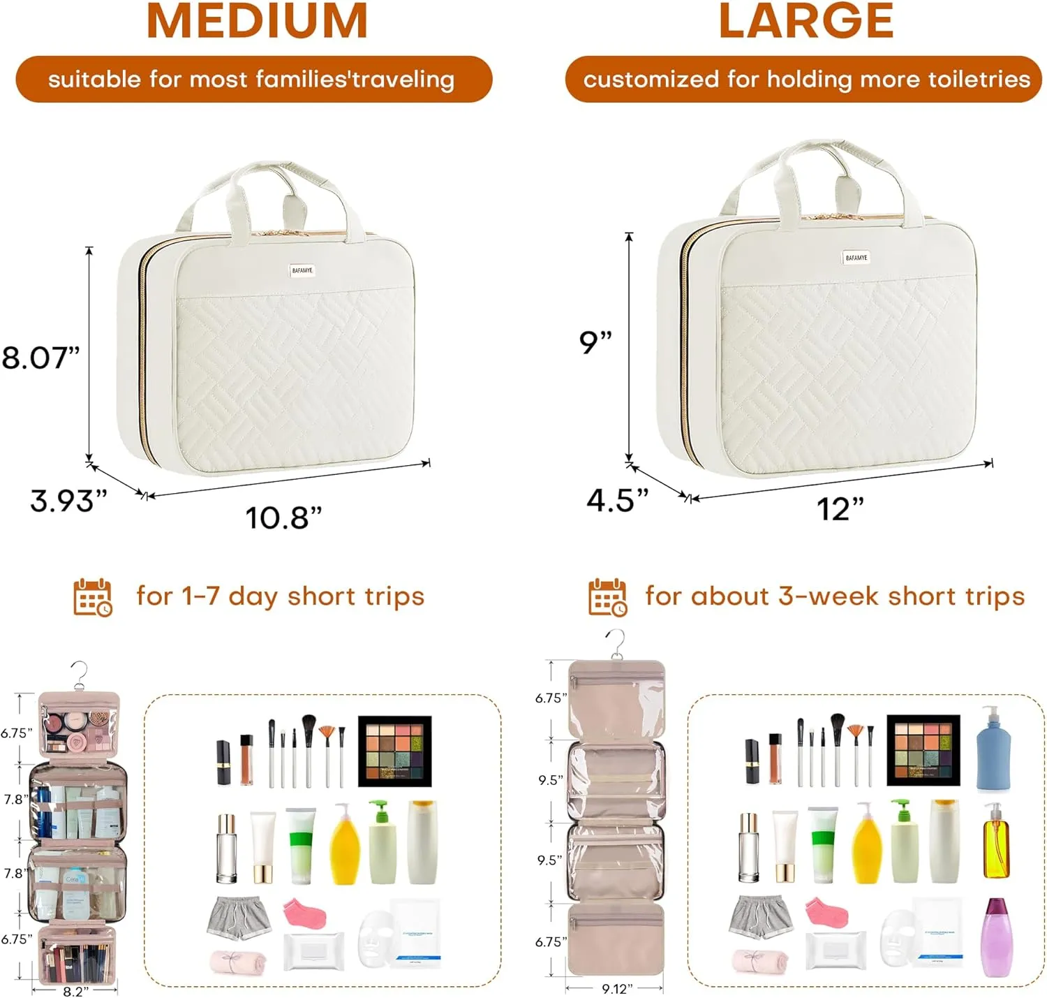 8L Travel Toiletry Bag for women - 2.1 GAL Water-resistant Makeup Cosmetic Bag Organizer With Hanging Hook for Travel Accessories Shampoo Full-size Container, Beige