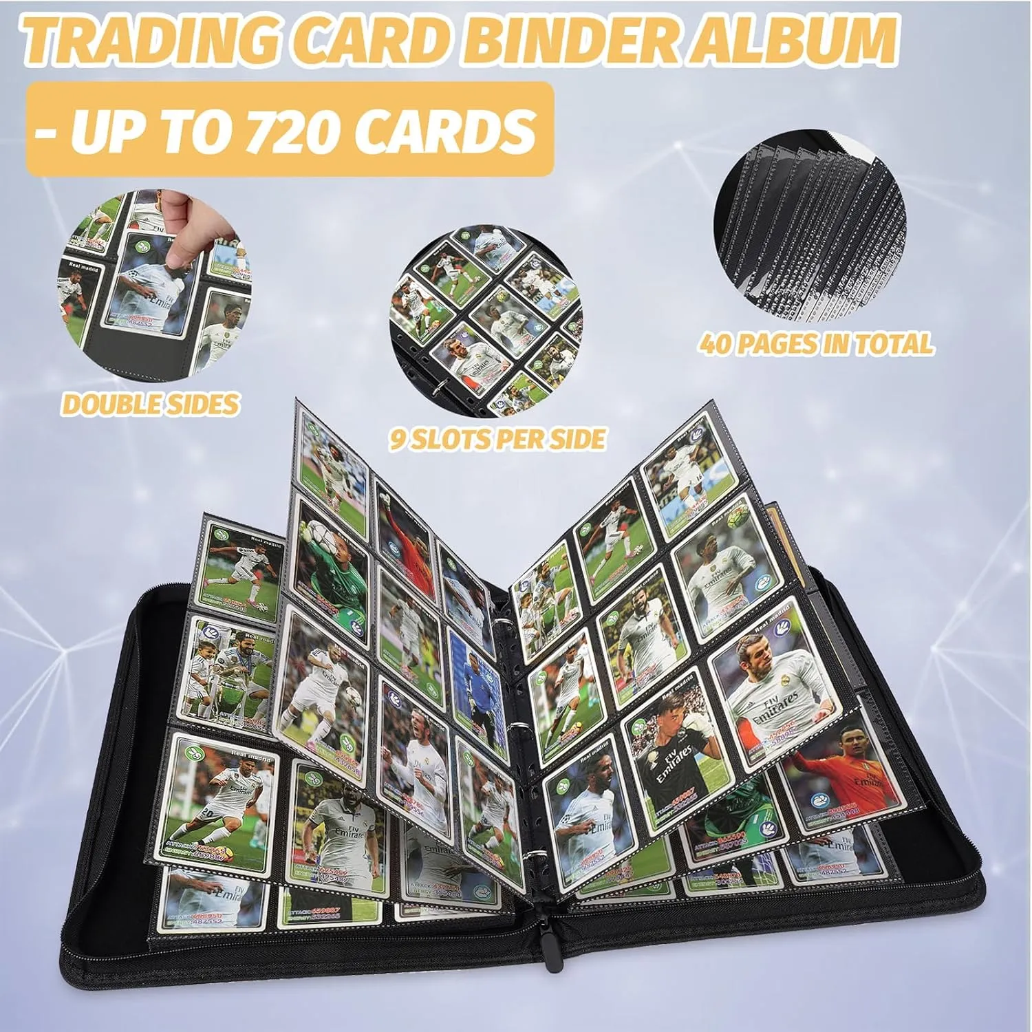 9 Pocket Card Binder, Premium Zip Trading Card Binder, 720 Double Sided Pocket PU Card Collection Album, Card Folder for MTG, TCG, Sports Cards, Game Cards (Lake Blue)
