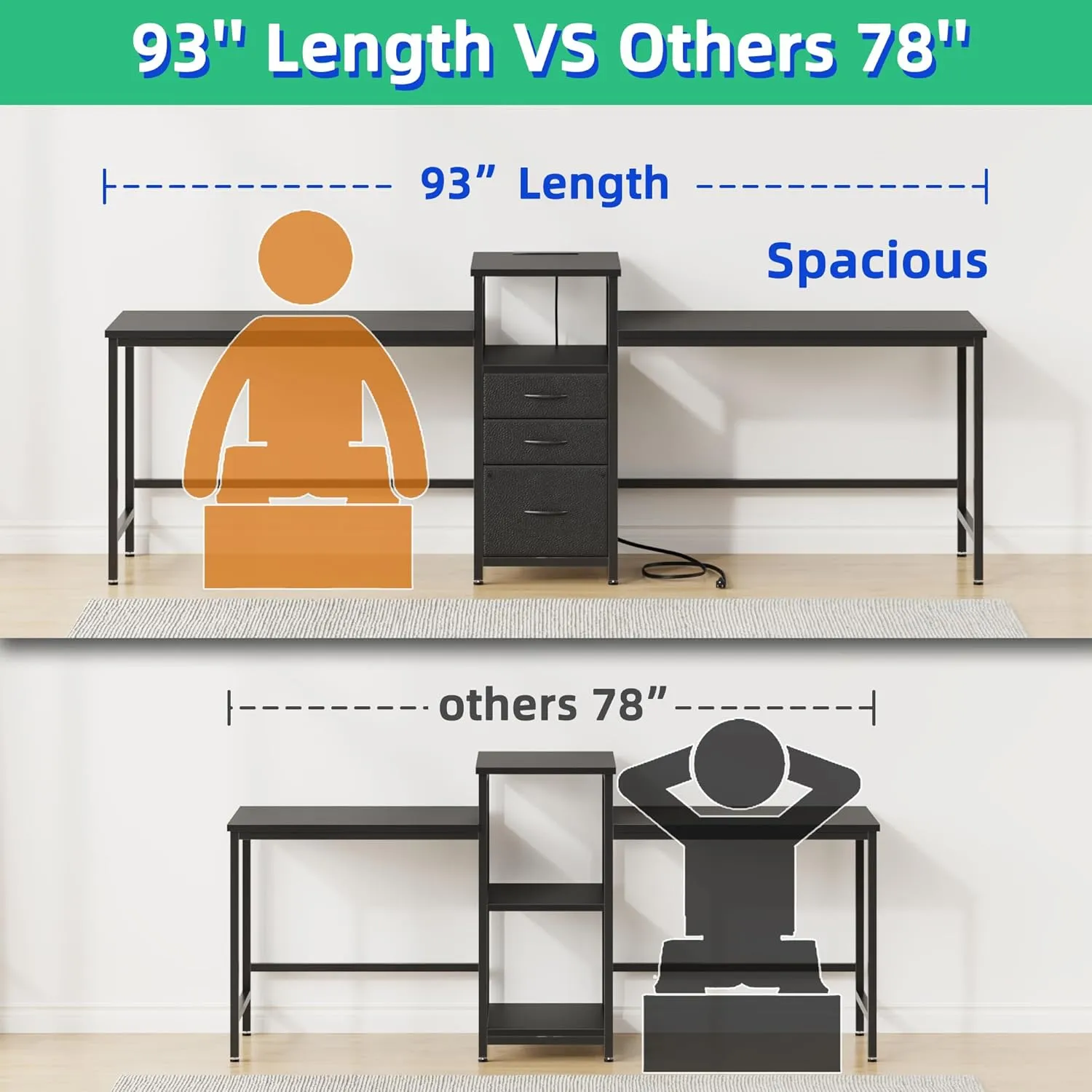 93'' Two Person Desk with Charging Station, Long Desk with 3 Drawers and Printer Shelf, Double Computer Desk, Fabric Drawers, 2 Person Writing Study Table Workstation for Home Office, Black