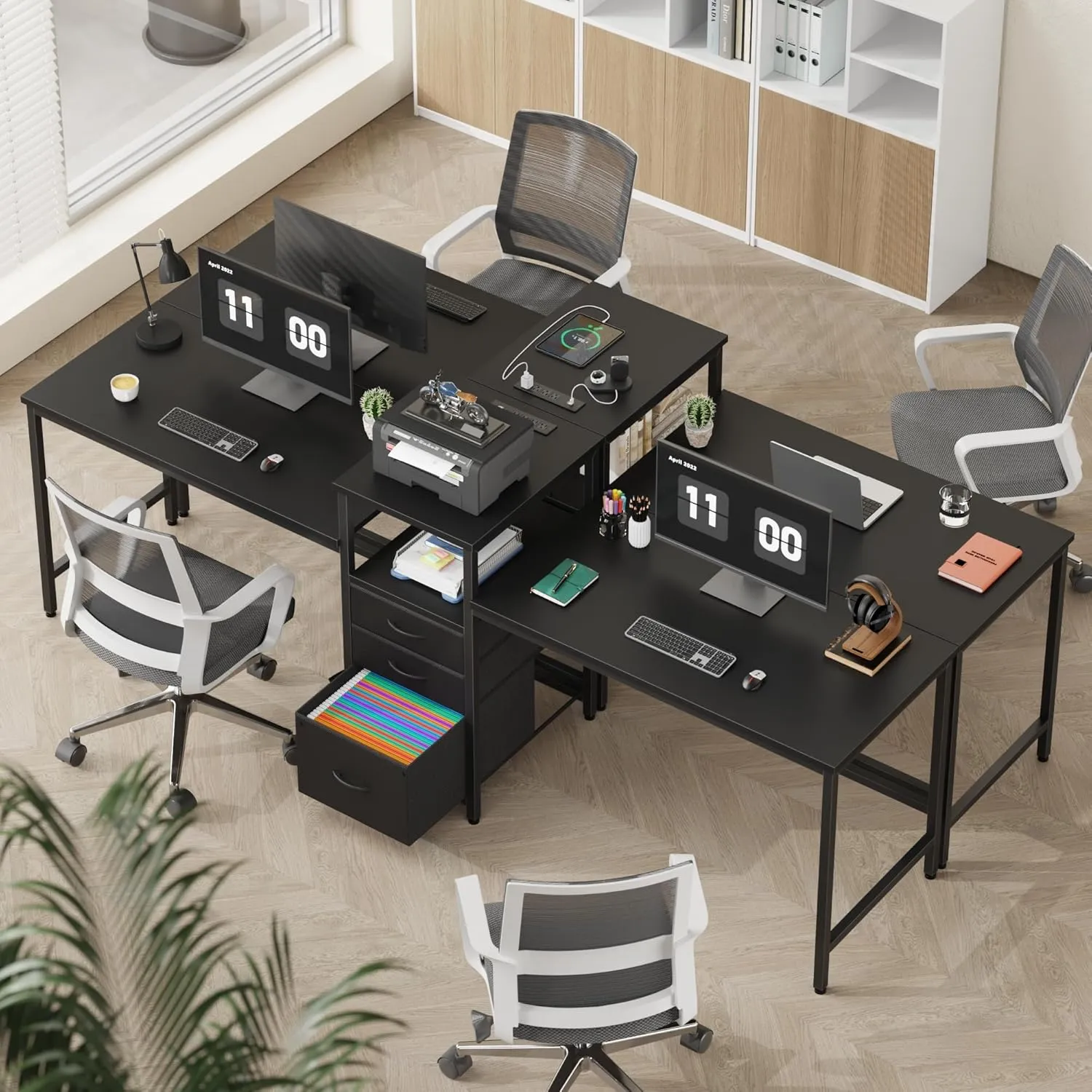 93'' Two Person Desk with Charging Station, Long Desk with 3 Drawers and Printer Shelf, Double Computer Desk, Fabric Drawers, 2 Person Writing Study Table Workstation for Home Office, Black