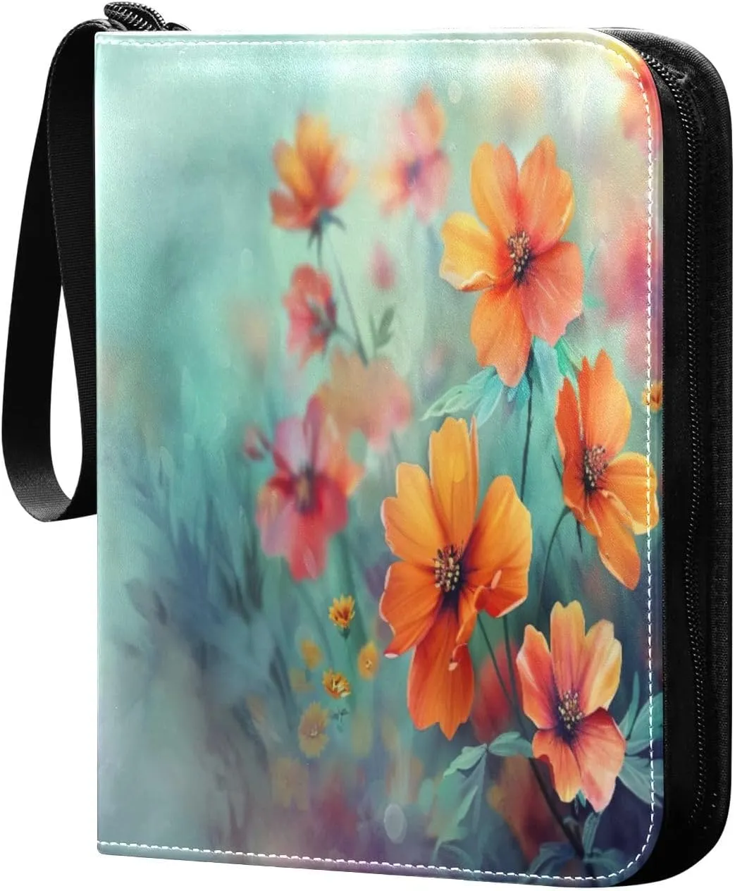 Abstract Floral Painting Card Binder 4-Pocket, 400 Pockets PU Waterproof Zippered Collector Card Album with 50 Removable Sleeves for Trading, Game Cards