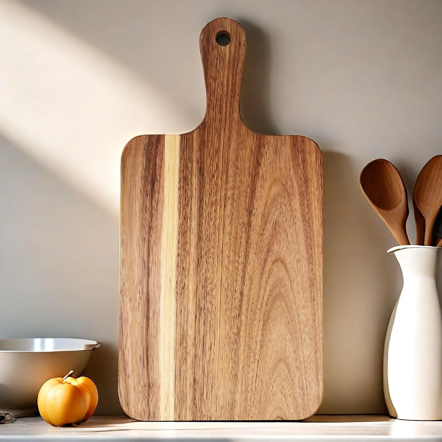 Acacia Wood Cutting Board with Handle 16"x8.7", Wooden Cutting Boards, Chopping Board, Charcuterie Board, Serving board for Cheese, Bread, Pizza, Vegetables & Fruits (1, 16"L x 8.7"W)