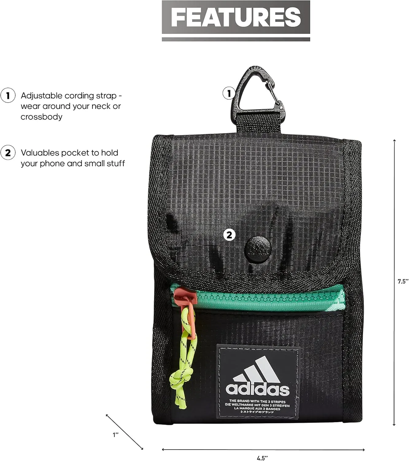 adidas Neck Pouch Crossbody Travel and Festival Wallet