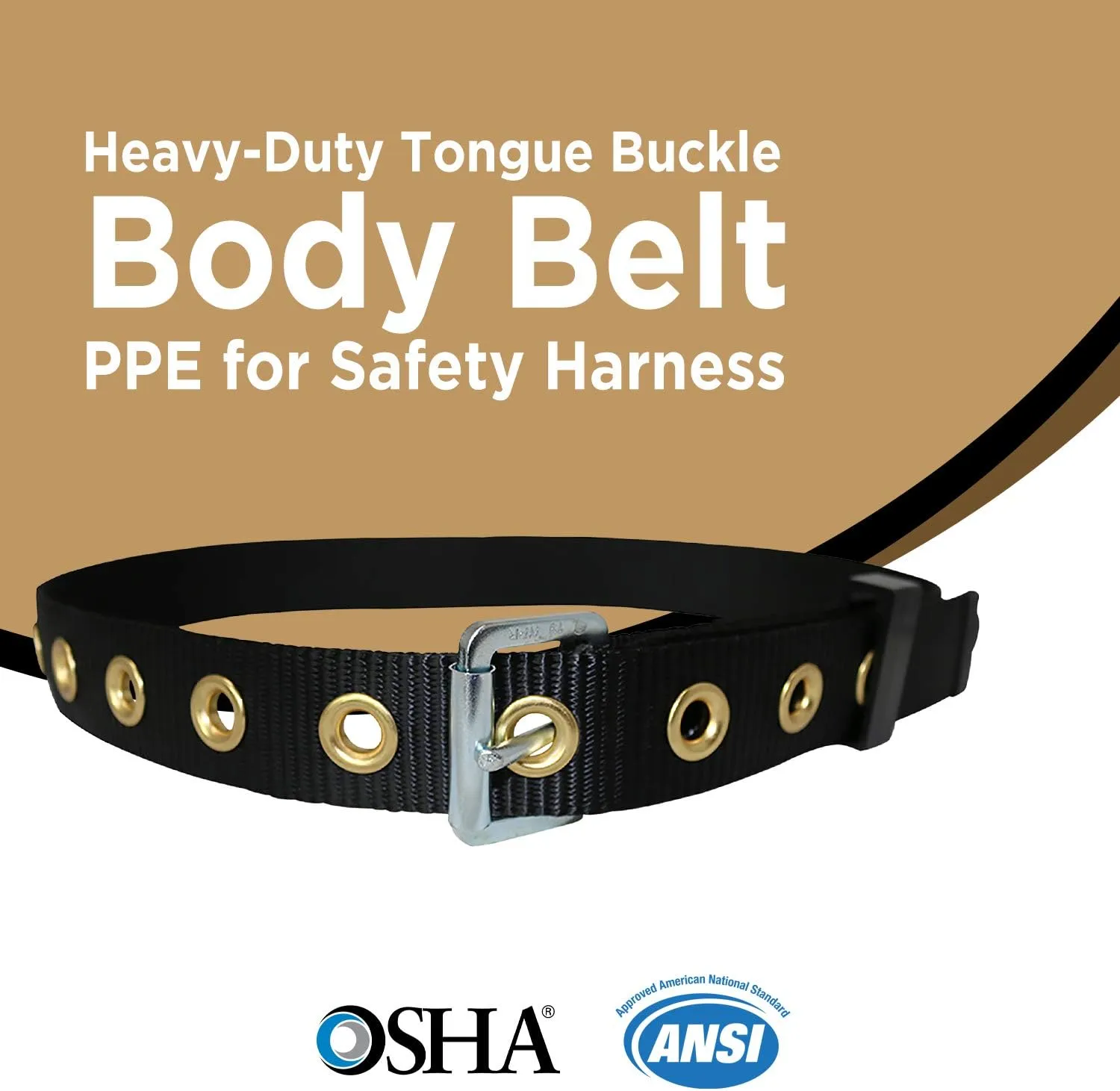 AFP Heavy-Duty Tongue Buckle Body Belt, PPE for Safety Harness, Work Positioning Restraint, Construction, Climbing, Fall-Protection (OSHA/ANSI Compliant), 1.75'' Wide, Black (Medium)