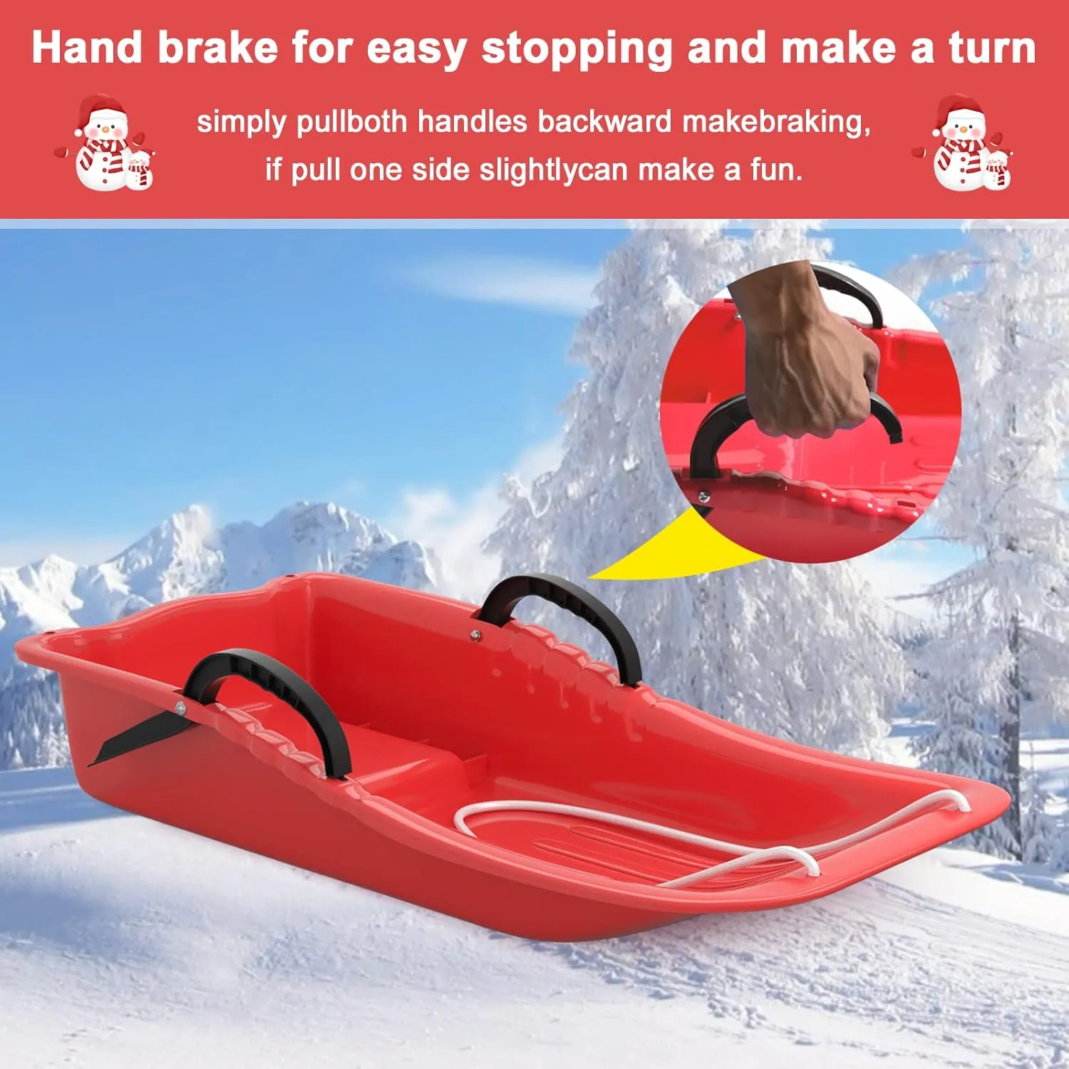 AGPTEK 31 Inch Durable Downhill Sprinter Toboggan Snow Sled for Kids Boys Girls Adults with Built-in Handles and Pulling Rope