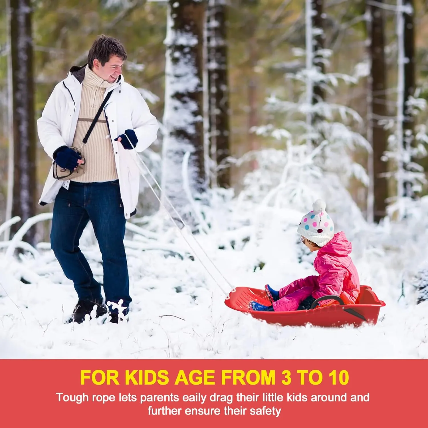 AGPTEK 31 Inch Durable Downhill Sprinter Toboggan Snow Sled for Kids Boys Girls Adults with Built-in Handles and Pulling Rope