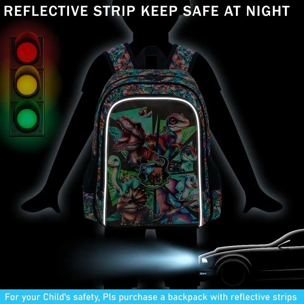 AGSDON 3PCS Backpacks for Boys, 16" Kids Dinosaur Bookbag for Elementary, Water Resistant Backpack Set with Lunch Box Pencil Case