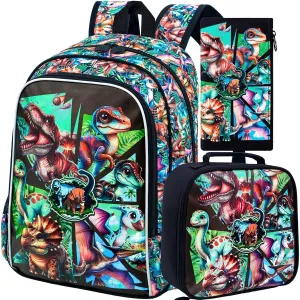 AGSDON 3PCS Backpacks for Boys, 16" Kids Dinosaur Bookbag for Elementary, Water Resistant Backpack Set with Lunch Box Pencil Case