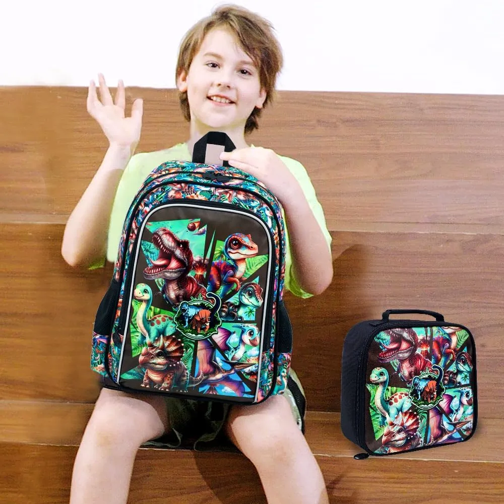 AGSDON 3PCS Backpacks for Boys, 16" Kids Dinosaur Bookbag for Elementary, Water Resistant Backpack Set with Lunch Box Pencil Case