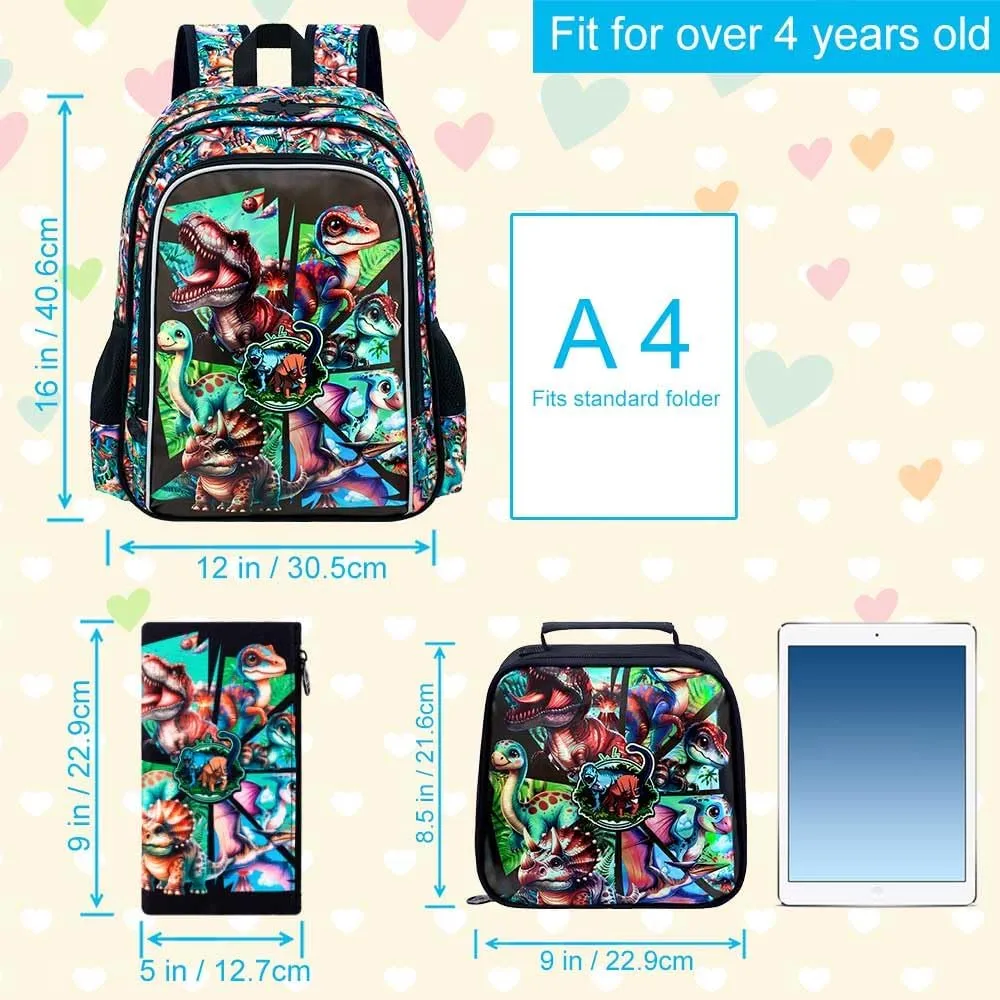 AGSDON 3PCS Backpacks for Boys, 16" Kids Dinosaur Bookbag for Elementary, Water Resistant Backpack Set with Lunch Box Pencil Case