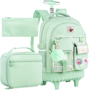 AGSDON Rolling Backpack for Girls, 21" Women Roller Wheels Bookbag, Laptop Wheeled Suitcase School Backpacks with Lunch Bag for Teens