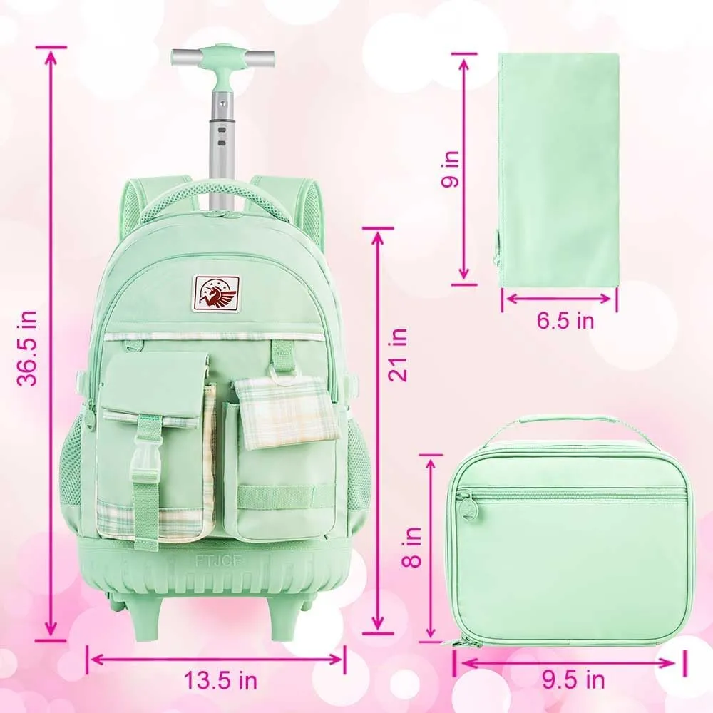 AGSDON Rolling Backpack for Girls, 21" Women Roller Wheels Bookbag, Laptop Wheeled Suitcase School Backpacks with Lunch Bag for Teens