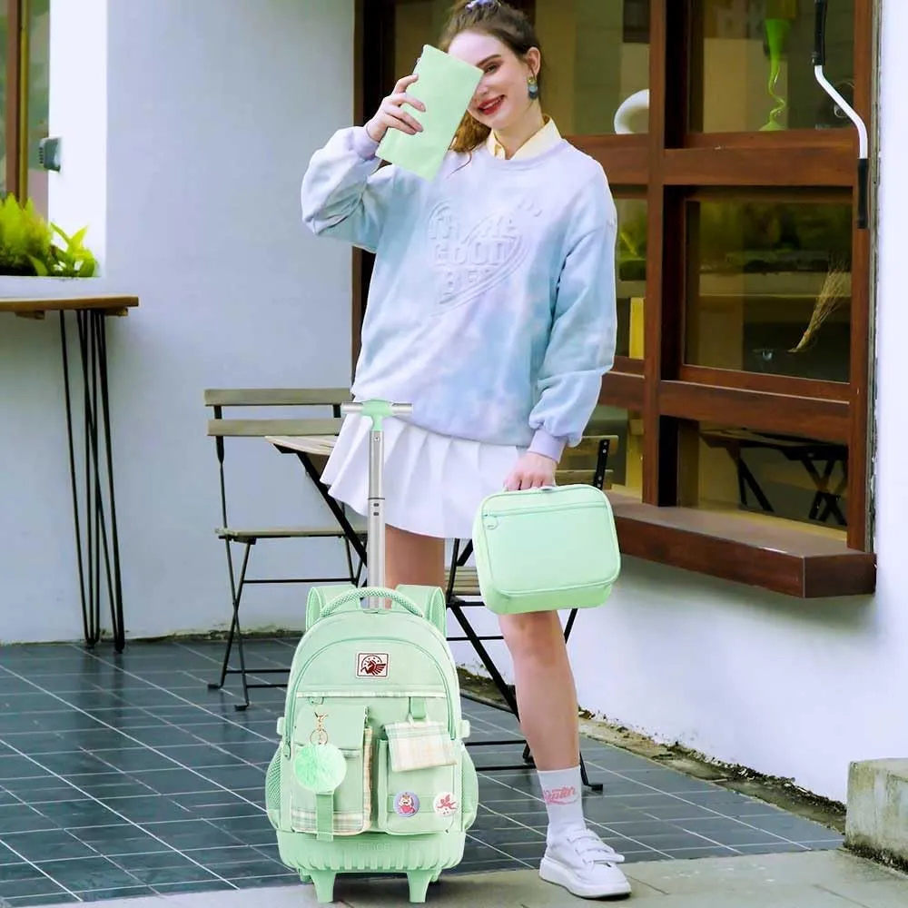 AGSDON Rolling Backpack for Girls, 21" Women Roller Wheels Bookbag, Laptop Wheeled Suitcase School Backpacks with Lunch Bag for Teens