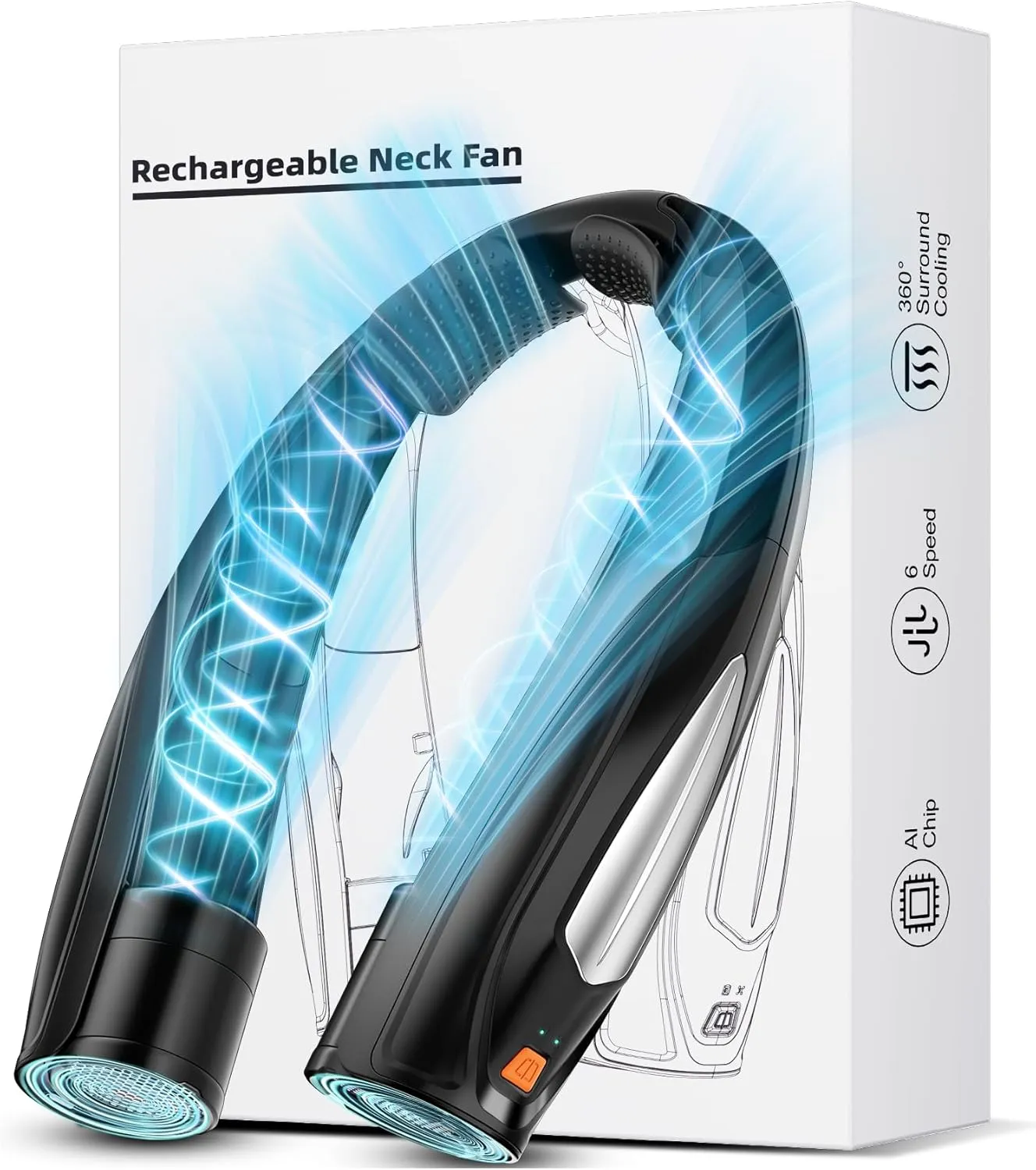 AI Neck Fan, 6 Speeds Adjustable Portable Personal Fan Rechargeable, 6000 mAh Battery Faster Cooling Wearable Fan, Ultra Quiet for Home, Office, Travel, Outdoor