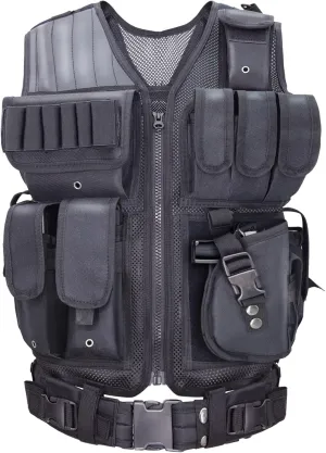 Airsoft Vest Adult Adjustable S-XXXXL, Tactical Vest for Men Lightweight Breathable 600D Nylon, Youth Combat vest for Paintball Training Black
