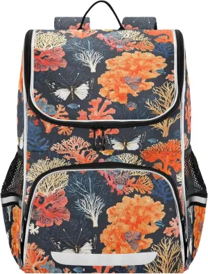 AIXIWAWA Coral Butterfly Kids Backpack for School Travel Hiking, Large Capacity Causal Daypack School Bag with Reflective Strips for Boys Girls
