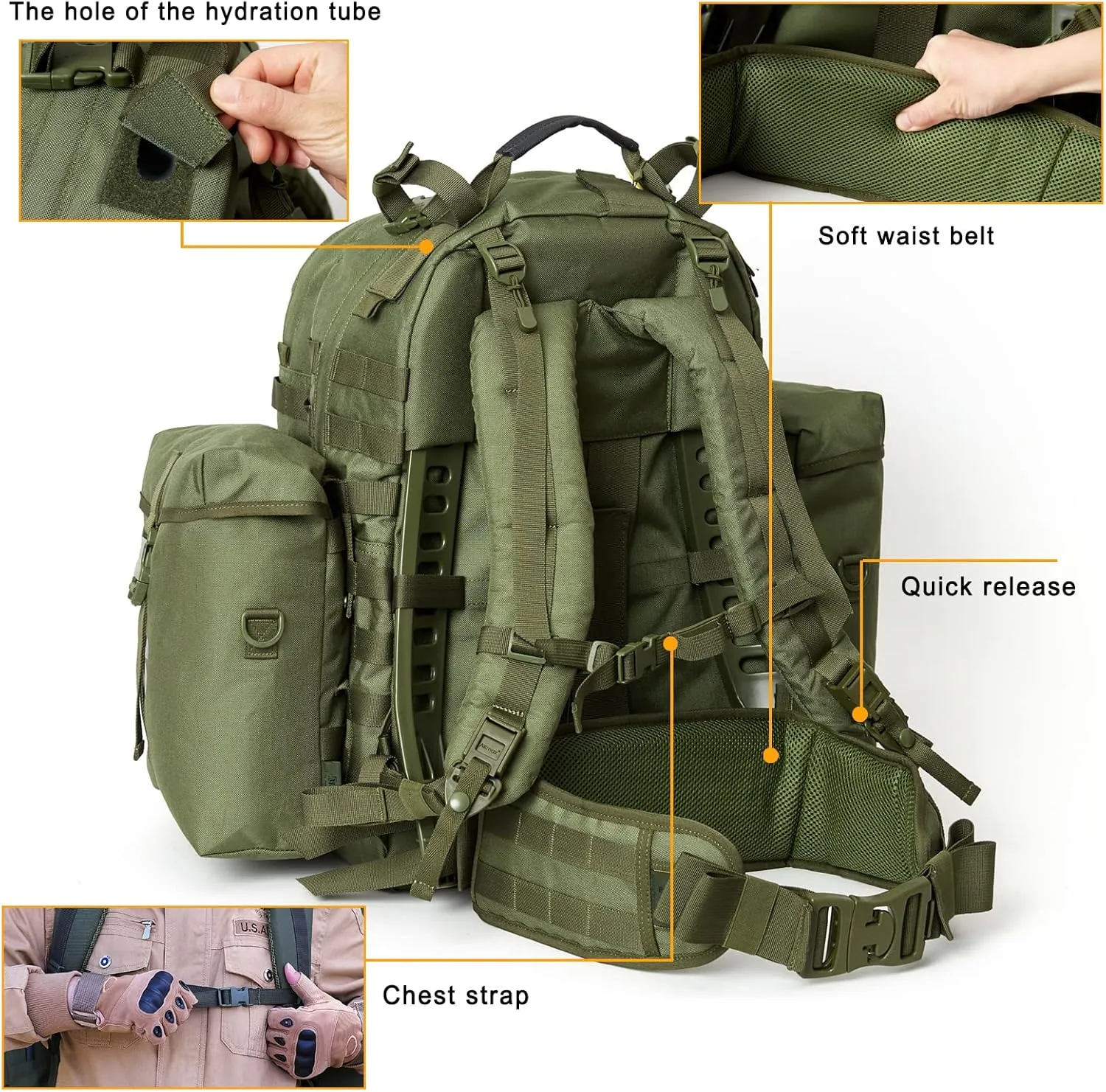 Akmax MOLLE II Medium Rucksack Military Tactical Backpack with Detachable Side Pouches & Upgraded Frame for Enhanced Comfort