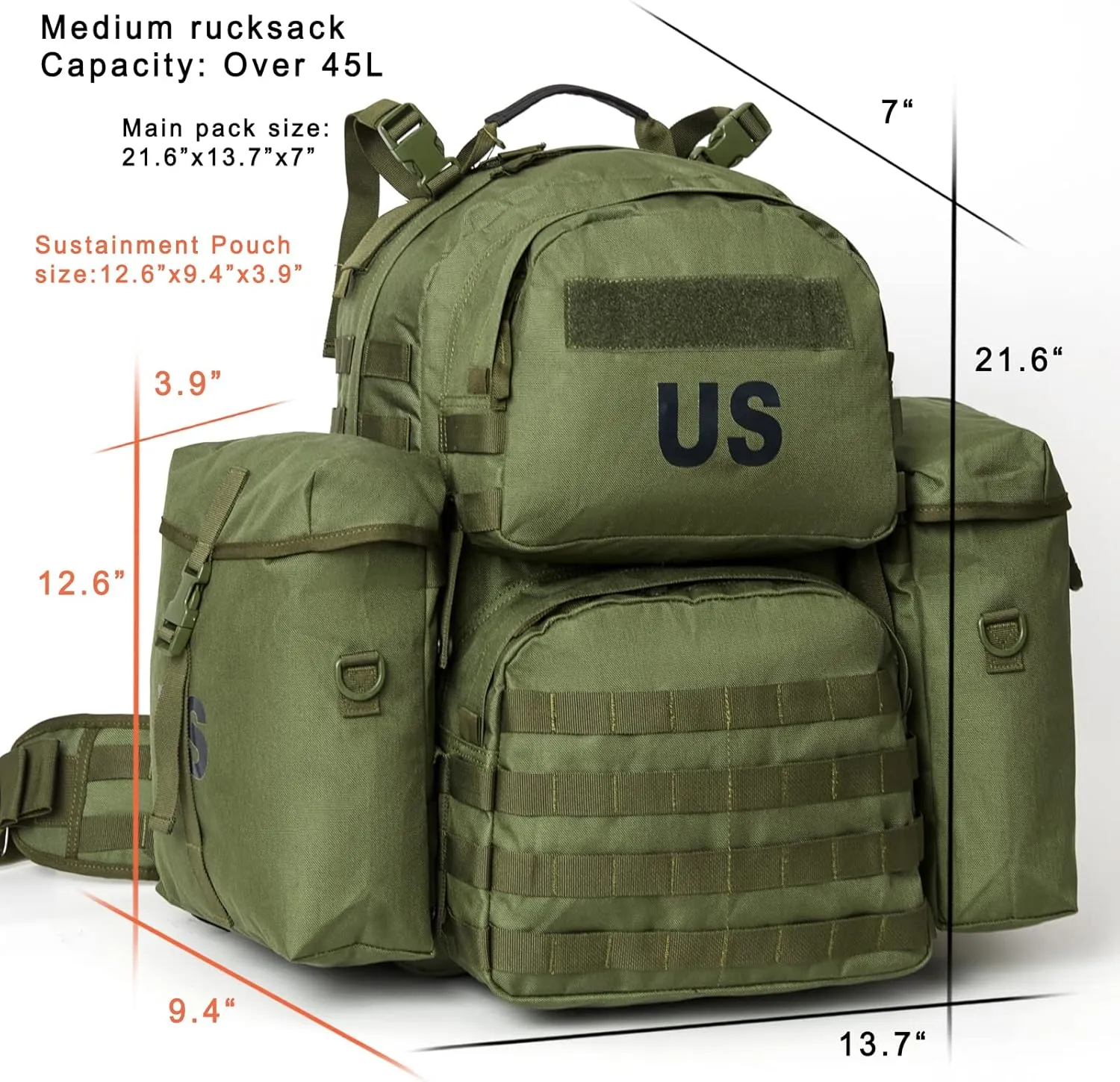 Akmax MOLLE II Medium Rucksack Military Tactical Backpack with Detachable Side Pouches & Upgraded Frame for Enhanced Comfort