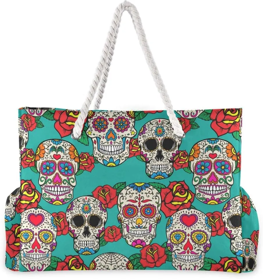 ALAZA Beach Bag, Sugar Skulls Roses Dia De Los Muertos Dead Day Shoulder Beach Tote with Cotton Rope Handles
