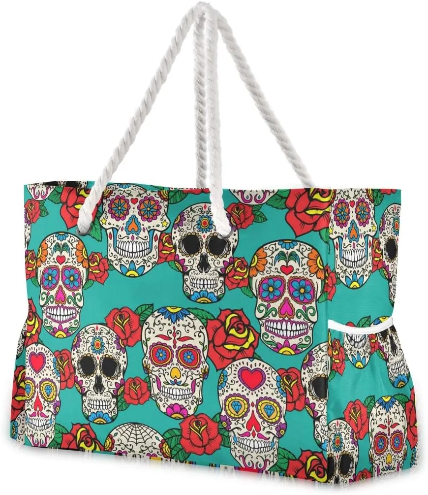 ALAZA Beach Bag, Sugar Skulls Roses Dia De Los Muertos Dead Day Shoulder Beach Tote with Cotton Rope Handles