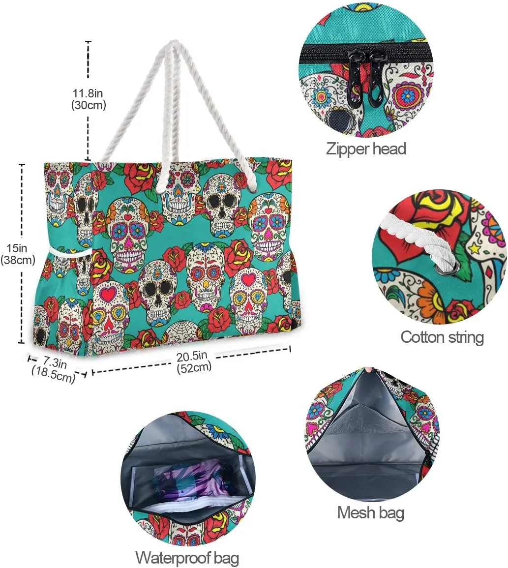 ALAZA Beach Bag, Sugar Skulls Roses Dia De Los Muertos Dead Day Shoulder Beach Tote with Cotton Rope Handles