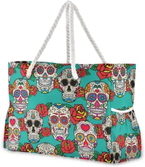 ALAZA Beach Bag, Sugar Skulls Roses Dia De Los Muertos Dead Day Shoulder Beach Tote with Cotton Rope Handles