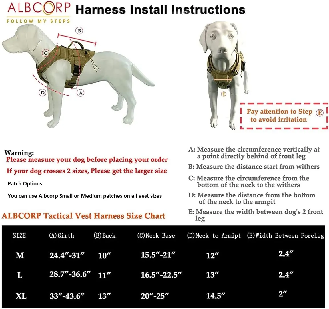 ALBCORP Tactical Dog Vest Harness - Heavy Duty, No-Pull Training Vest for Large Breeds, Military Service Dog Vest with Front Leash Clip, Hook & Loop Panels, Padded Handle