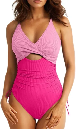 Aleumdr Women's Ribbed One Piece Swimsuit Tummy Control High Cut Bathing Suit Sexy V Neck Criss Cross Monikini