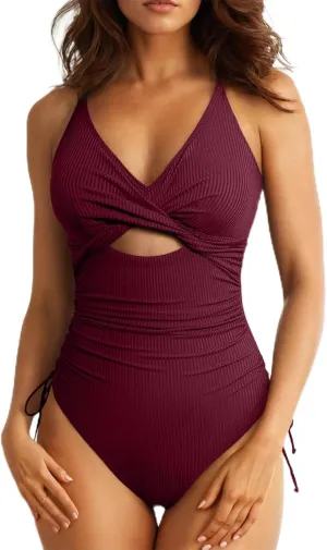 Aleumdr Women's Ribbed One Piece Swimsuit Tummy Control High Cut Bathing Suit Sexy V Neck Criss Cross Monikini