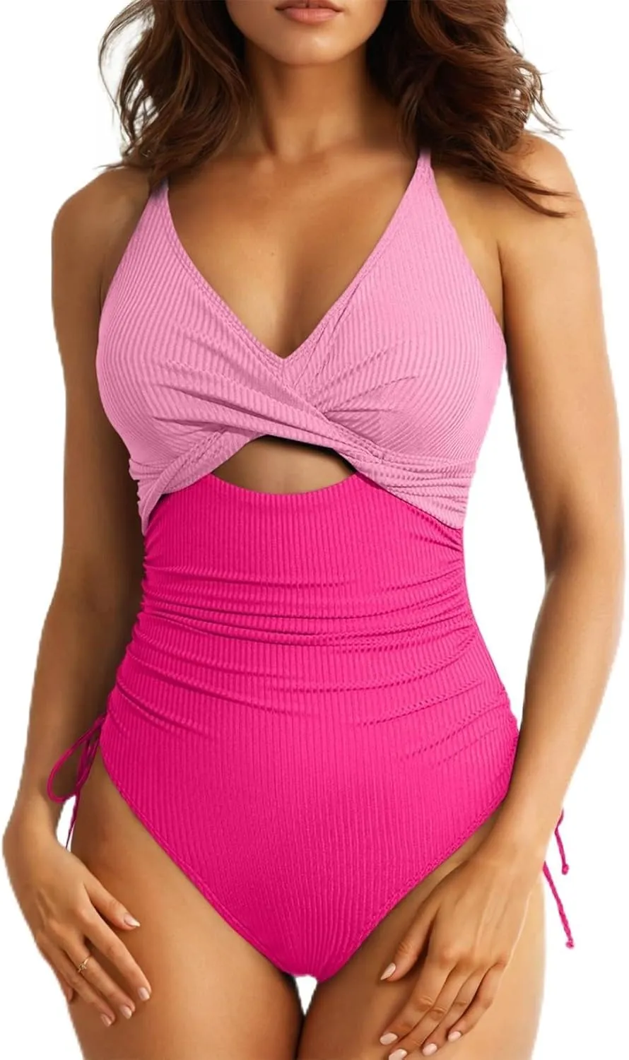 Aleumdr Women's Ribbed One Piece Swimsuit Tummy Control High Cut Bathing Suit Sexy V Neck Criss Cross Monikini
