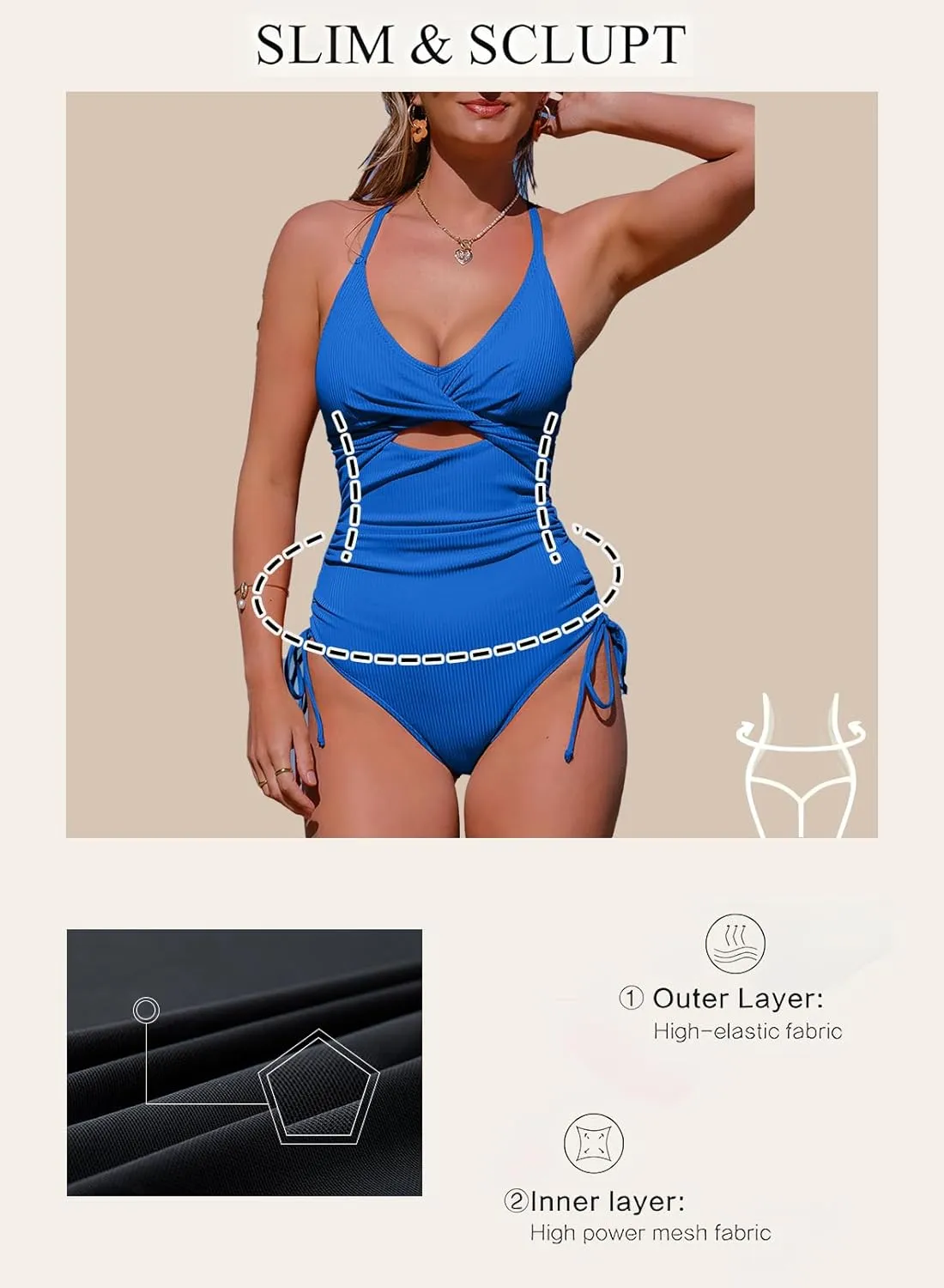 Aleumdr Women's Ribbed One Piece Swimsuit Tummy Control High Cut Bathing Suit Sexy V Neck Criss Cross Monikini