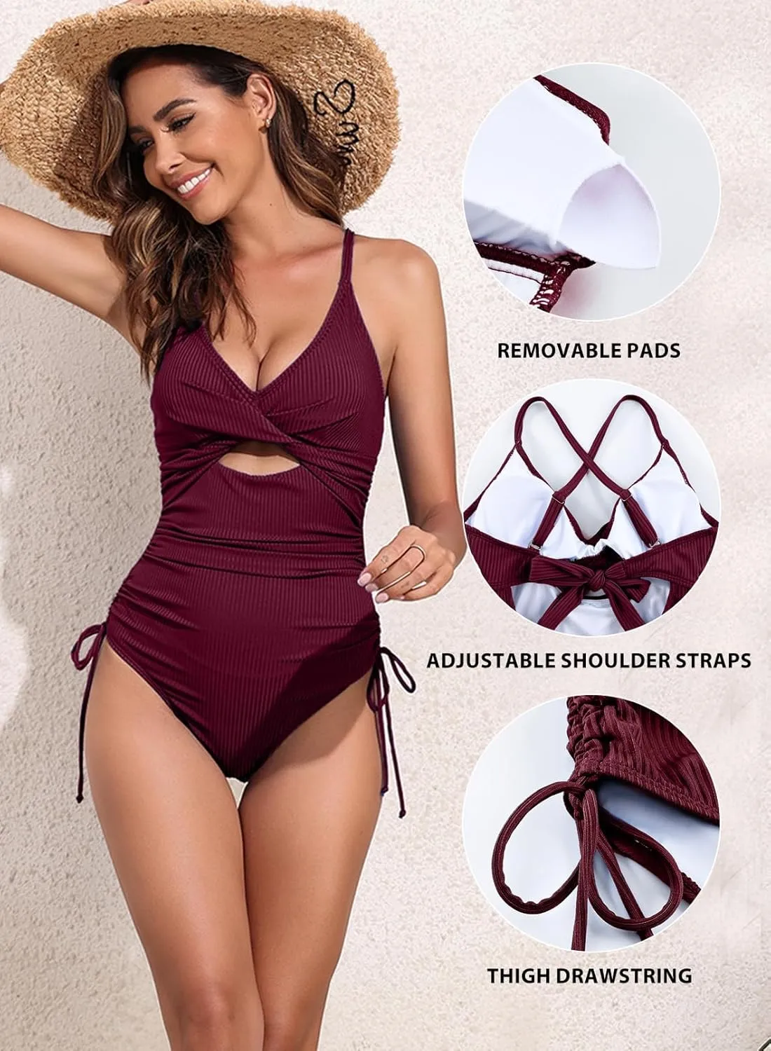 Aleumdr Women's Ribbed One Piece Swimsuit Tummy Control High Cut Bathing Suit Sexy V Neck Criss Cross Monikini