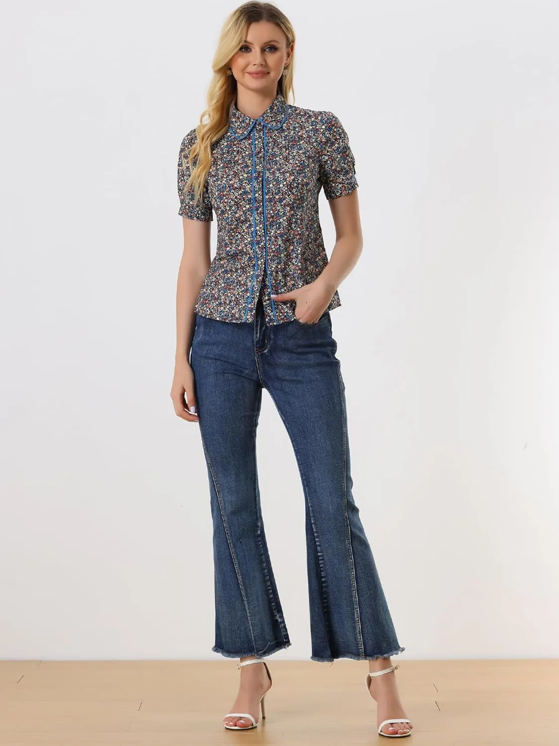 Allegra K Peter Pan Collar Blouse for Women's Contrast Trim Puff Sleeve Peasant Floral Shirt