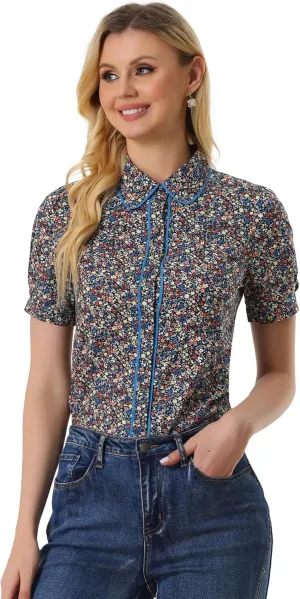 Allegra K Peter Pan Collar Blouse for Women's Contrast Trim Puff Sleeve Peasant Floral Shirt
