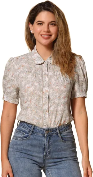 Allegra K Peter Pan Collar Blouse for Women's Contrast Trim Puff Sleeve Peasant Floral Shirt
