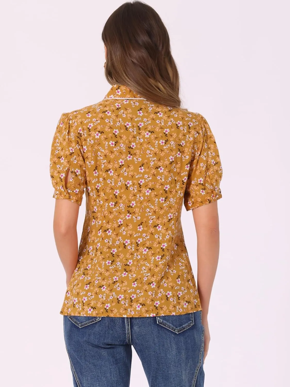 Allegra K Peter Pan Collar Blouse for Women's Contrast Trim Puff Sleeve Peasant Floral Shirt