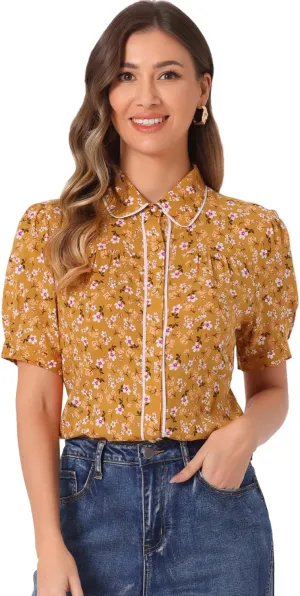 Allegra K Peter Pan Collar Blouse for Women's Contrast Trim Puff Sleeve Peasant Floral Shirt