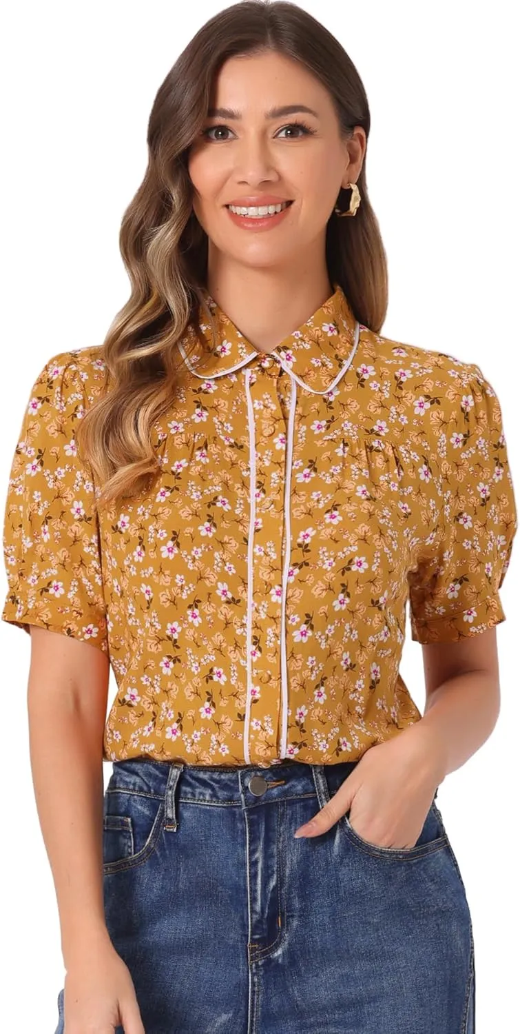 Allegra K Peter Pan Collar Blouse for Women's Contrast Trim Puff Sleeve Peasant Floral Shirt