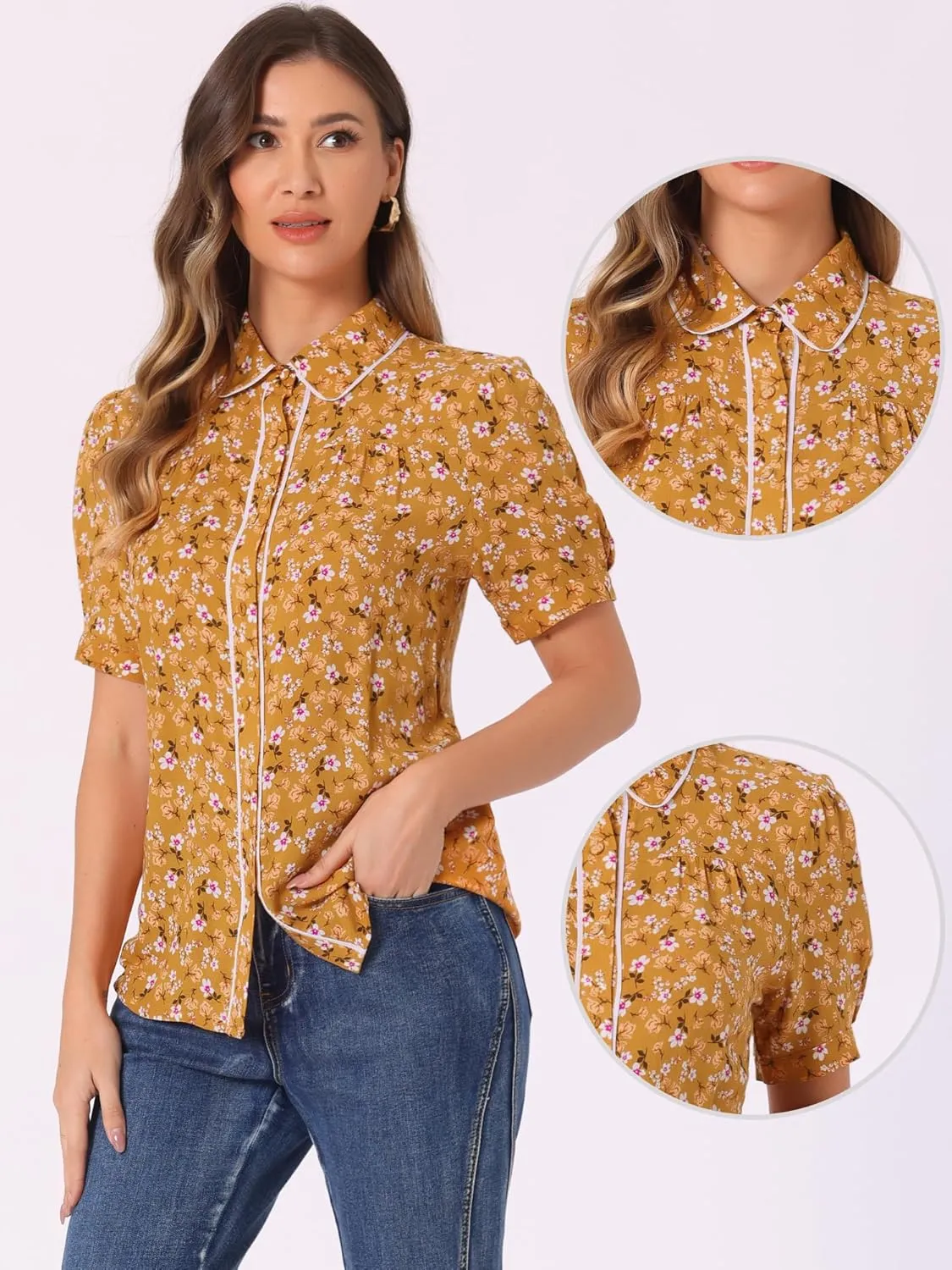 Allegra K Peter Pan Collar Blouse for Women's Contrast Trim Puff Sleeve Peasant Floral Shirt