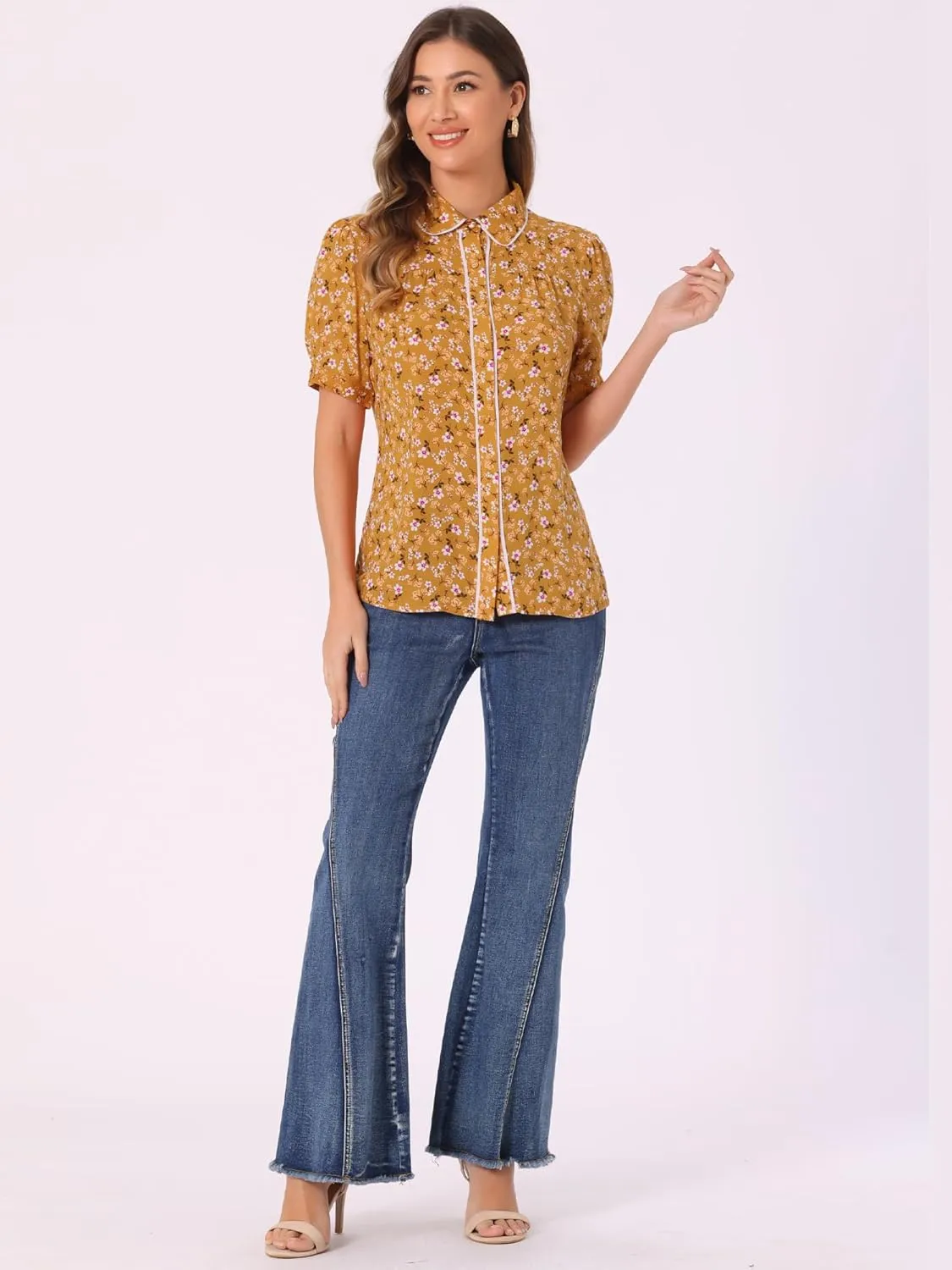 Allegra K Peter Pan Collar Blouse for Women's Contrast Trim Puff Sleeve Peasant Floral Shirt