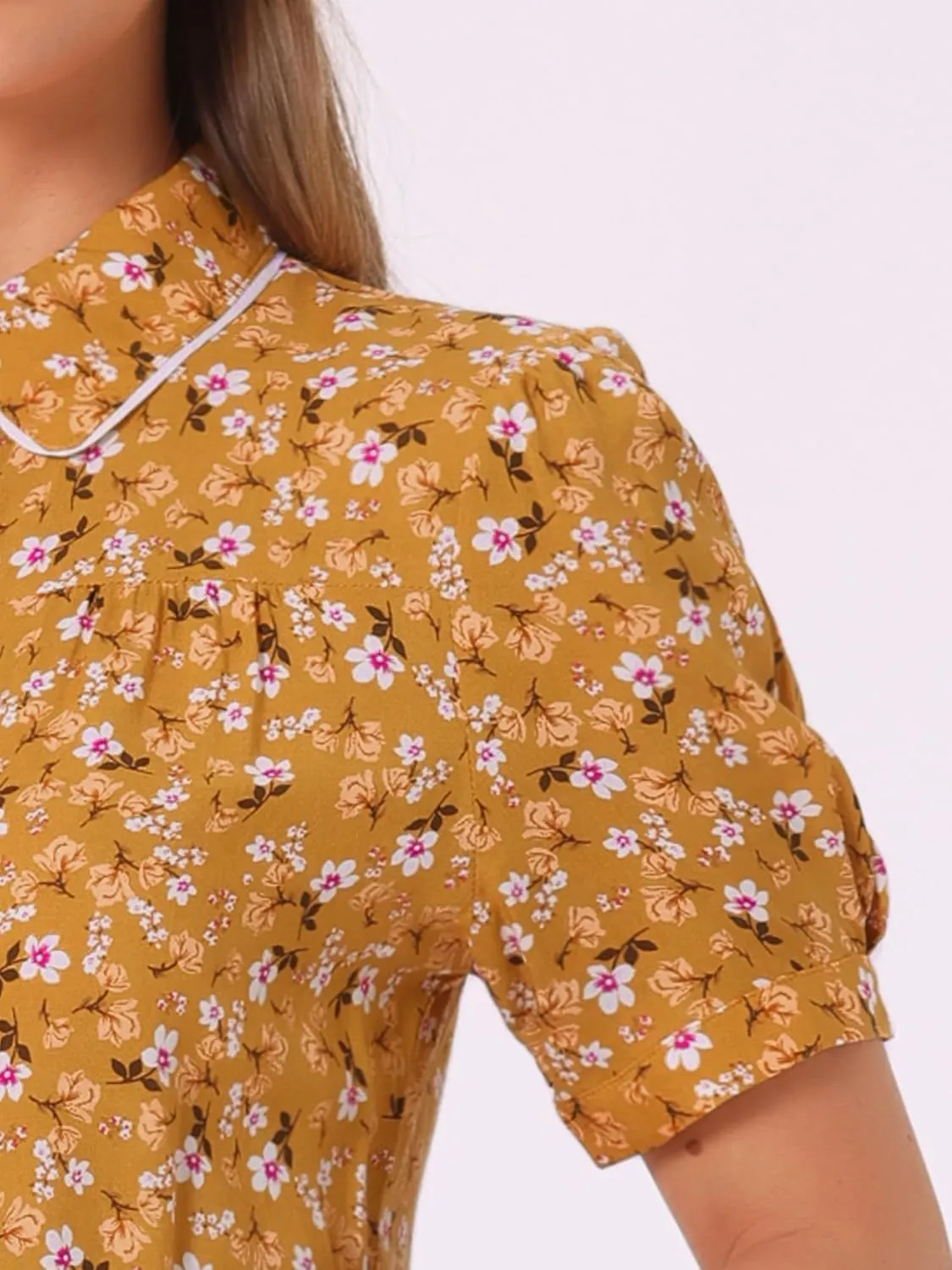 Allegra K Peter Pan Collar Blouse for Women's Contrast Trim Puff Sleeve Peasant Floral Shirt