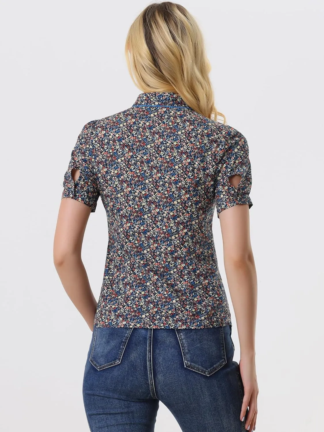 Allegra K Peter Pan Collar Blouse for Women's Contrast Trim Puff Sleeve Peasant Floral Shirt