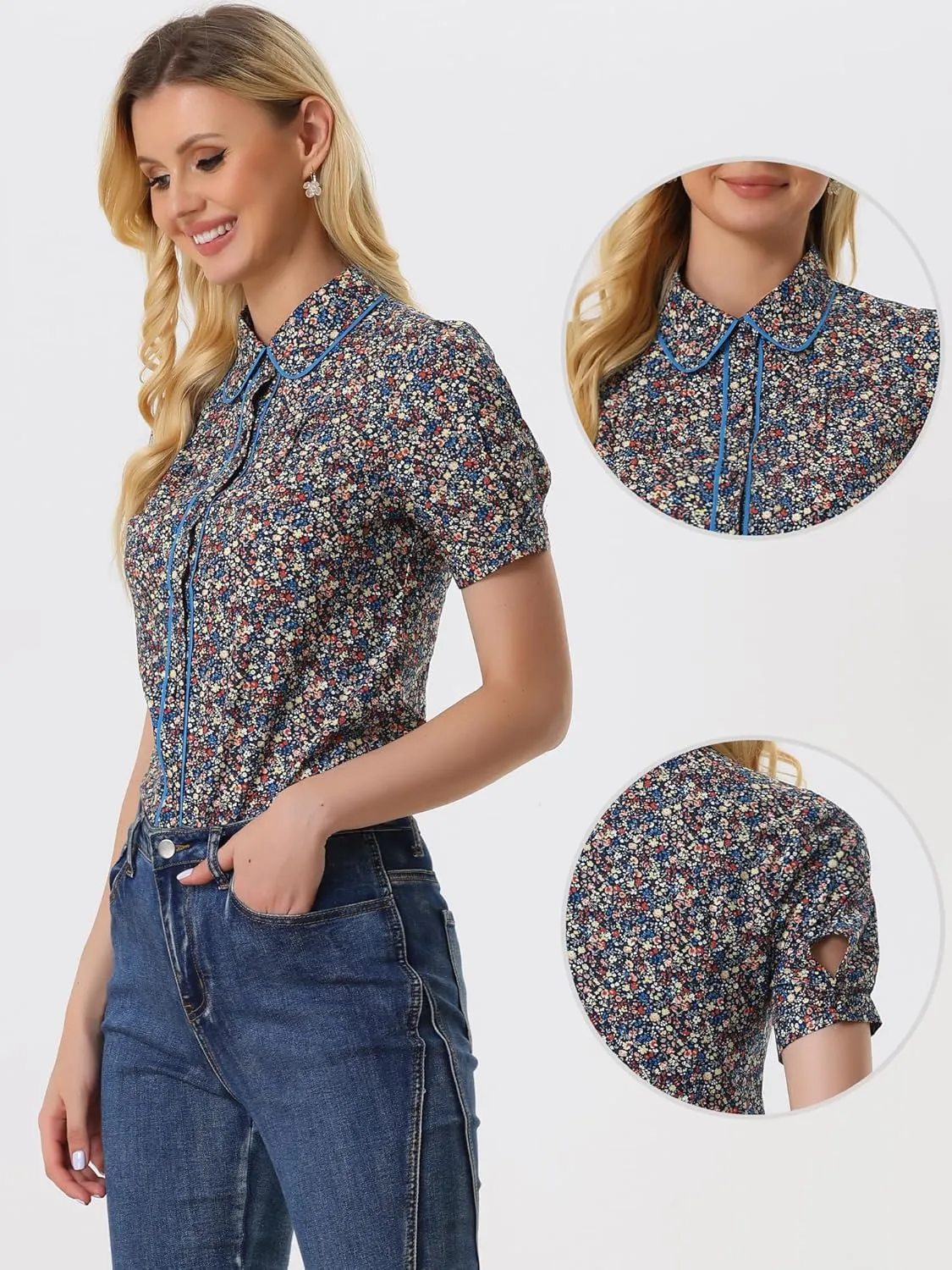 Allegra K Peter Pan Collar Blouse for Women's Contrast Trim Puff Sleeve Peasant Floral Shirt