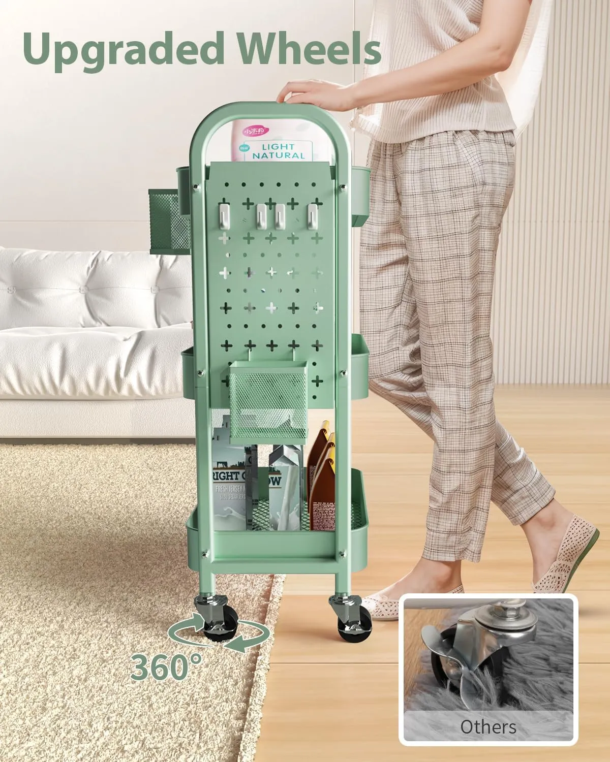 ALVOROG 3 Tier Rolling Cart with DIY Pegboards Metal Utility Cart with Wheels Handles Baskets Hooks, Storage Cart for Office Kitchen Bathroom(Green)
