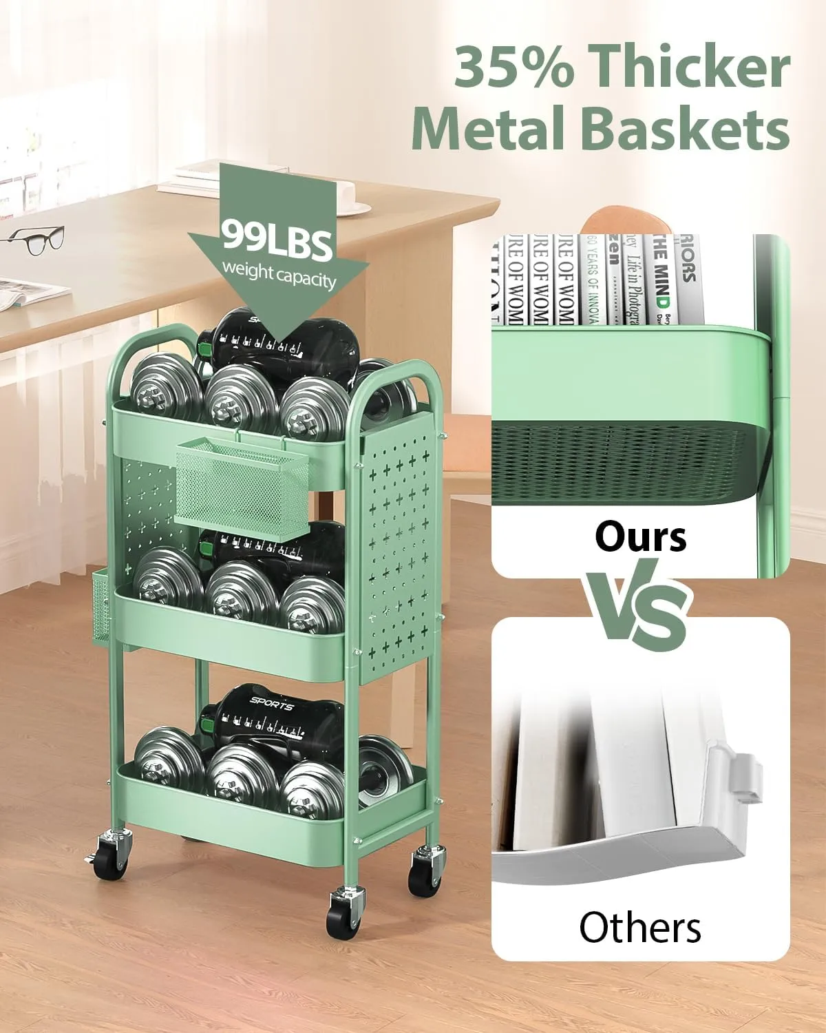 ALVOROG 3 Tier Rolling Cart with DIY Pegboards Metal Utility Cart with Wheels Handles Baskets Hooks, Storage Cart for Office Kitchen Bathroom(Green)