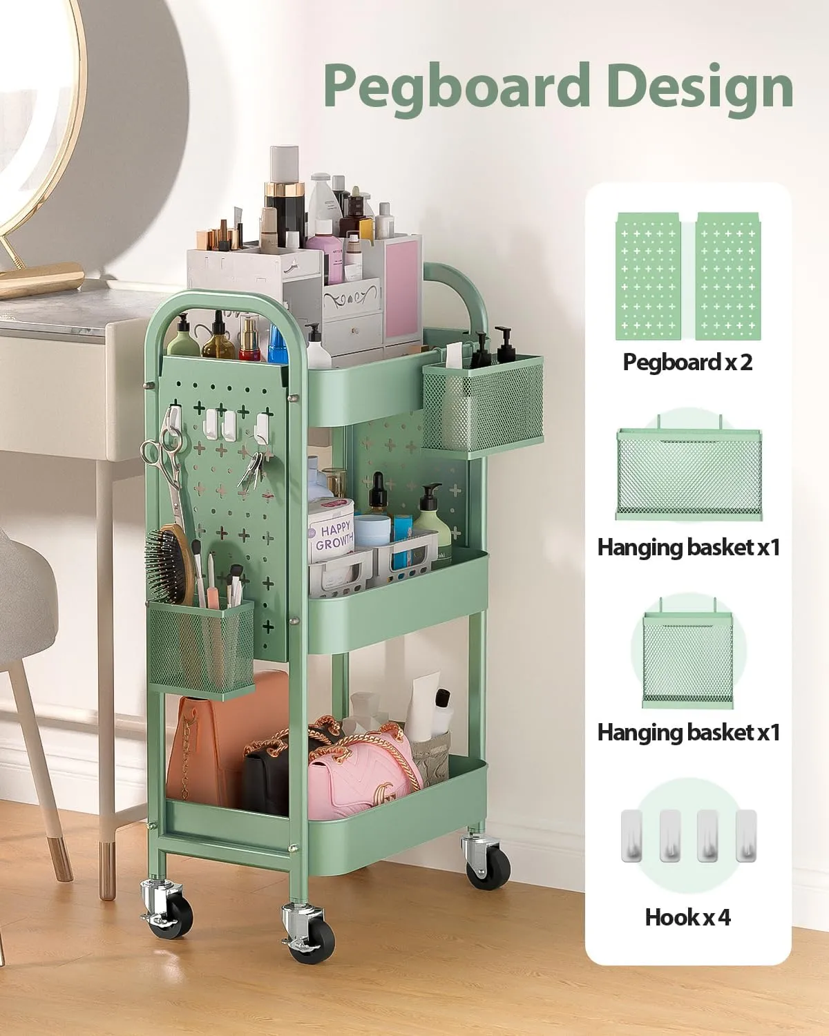 ALVOROG 3 Tier Rolling Cart with DIY Pegboards Metal Utility Cart with Wheels Handles Baskets Hooks, Storage Cart for Office Kitchen Bathroom(Green)