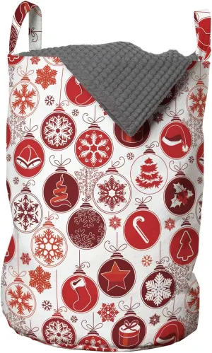 Ambesonne Christmas Laundry Bag, Classical Themed Old Fashioned Celebration Carols Winter Design Patterns, Hamper Basket with Handles Drawstring Closure for Laundromats, 13" x 19", White and Vermilion