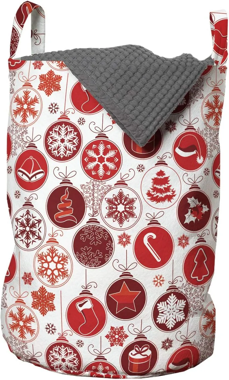 Ambesonne Christmas Laundry Bag, Classical Themed Old Fashioned Celebration Carols Winter Design Patterns, Hamper Basket with Handles Drawstring Closure for Laundromats, 13" x 19", White and Vermilion